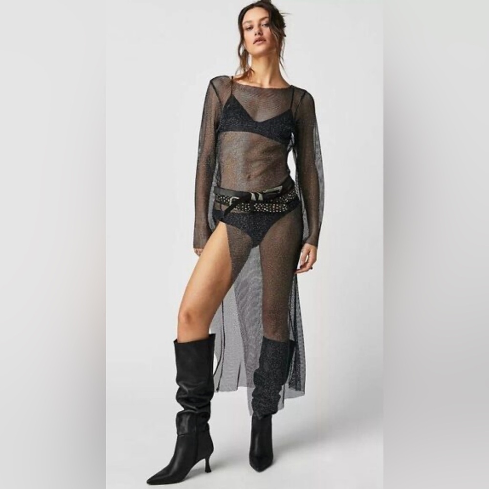 Free People Jens Pirate Booty Mesh Remi Maxi Tee Metallic Black